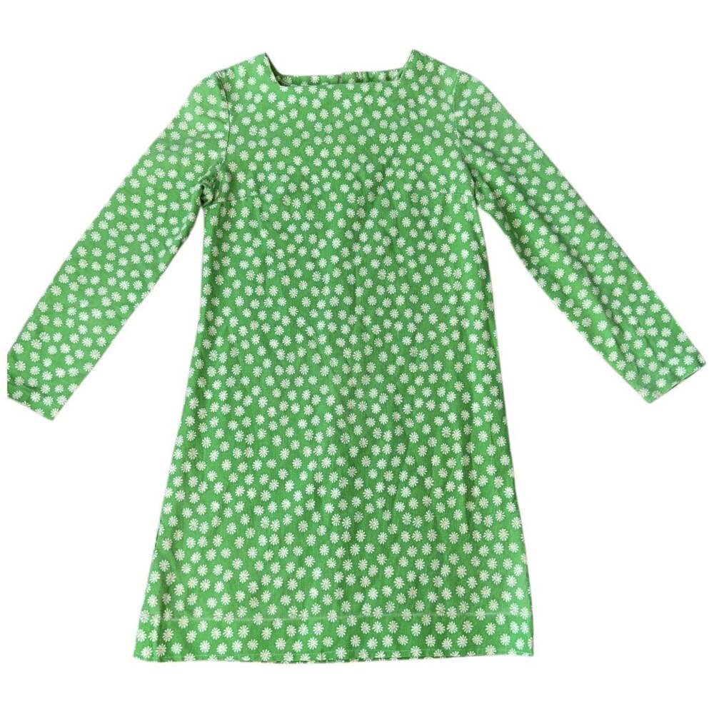 EUC Vintage Big Girls Green Daisy Print Long Sleeve Dress Fits Medium or Large